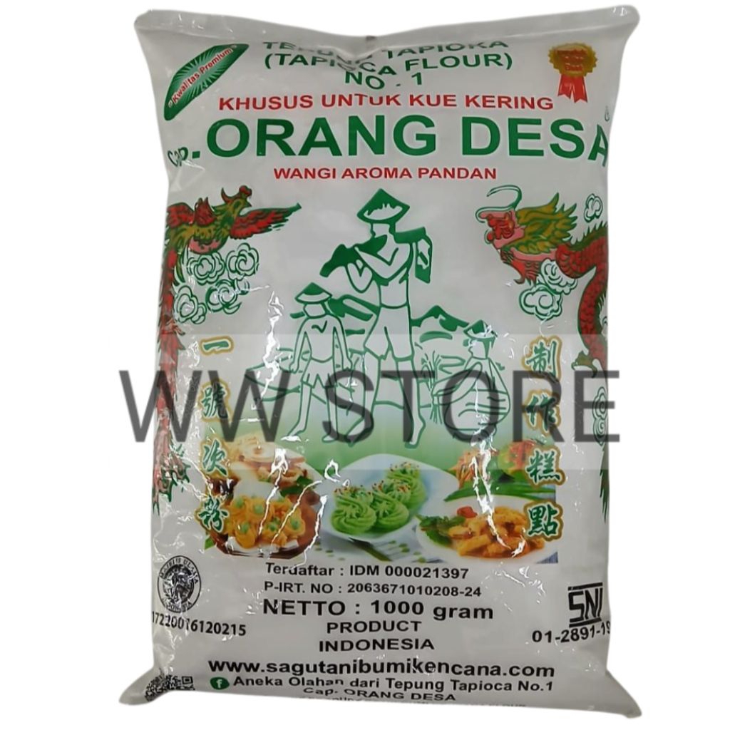 

Tepung tapioka khusus untuk kue kering WANGI AROMA PANDAN kwalitas premium halal MUI Cap ORANG DESA tapioca flour powder 1000g 1kg