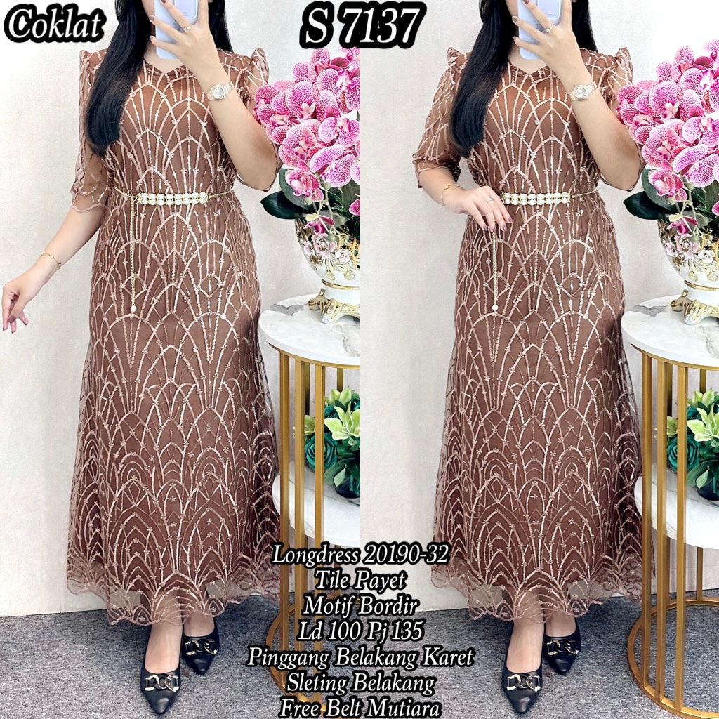 7137 #Longdress Tile Bordir Payet Free Belt Mutiara Gaun Pesta Wanita 20190 32