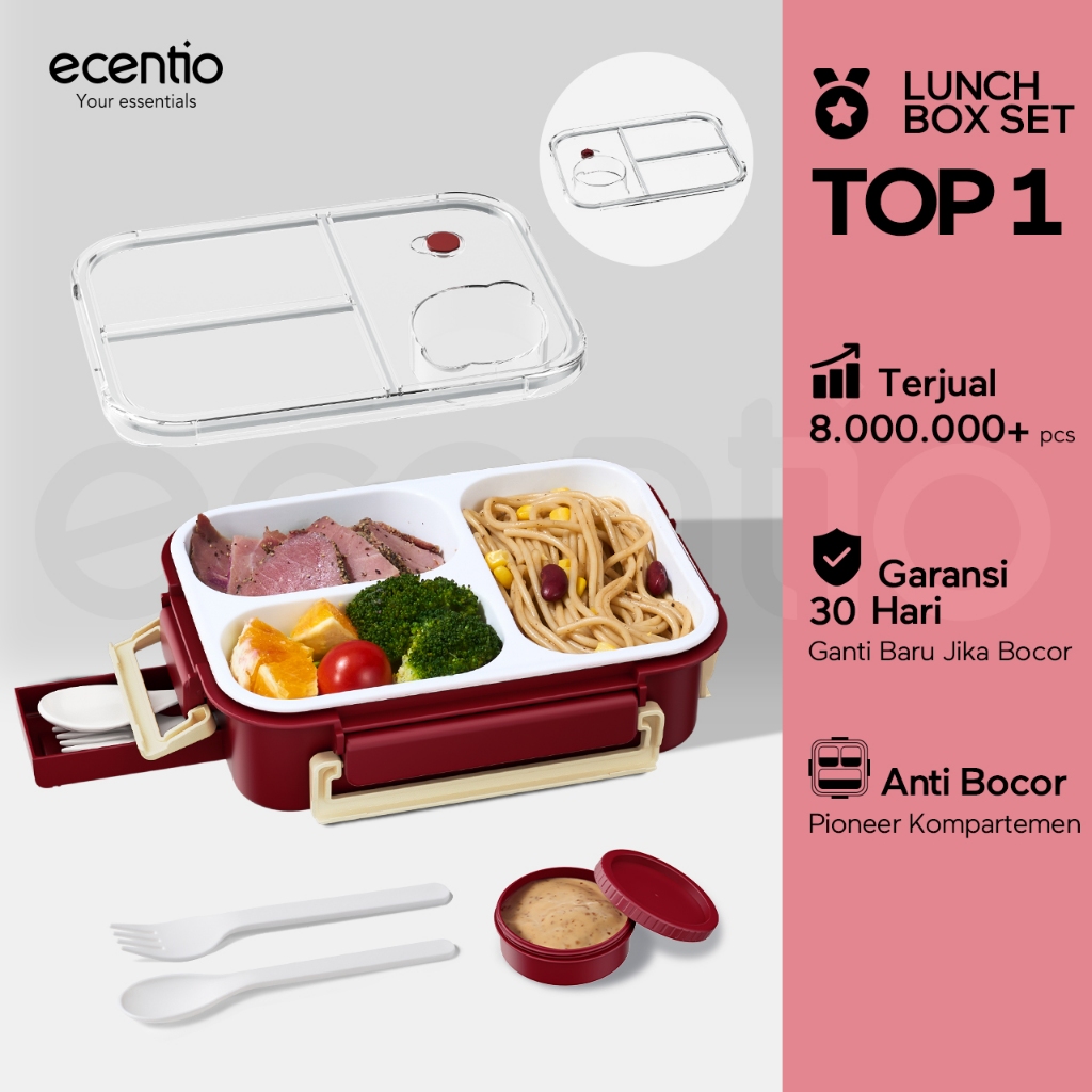 ecentio lunch box Merah 800ml sekat 3 dengan sendok sumpit free kotak sauce kecil anti bocor BPA Fre