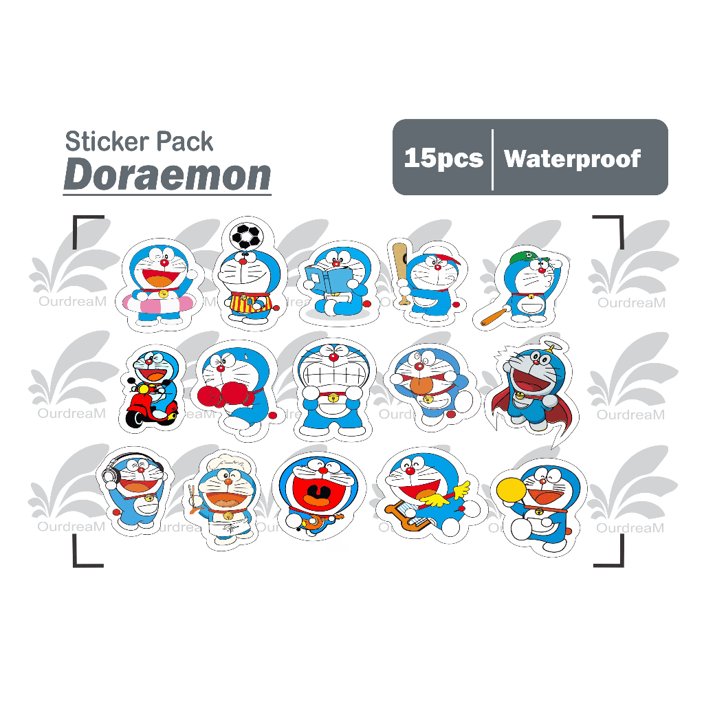 

stiker Doraemon cute - isi 15 pcs sticker pack tumbler helm waterproof medium size