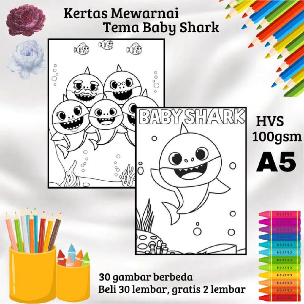 

30 LEMBAR KERTAS GAMBAR MEWARNAI TEMA BABY SHARK (READY LANGSUNG KIRIM)
