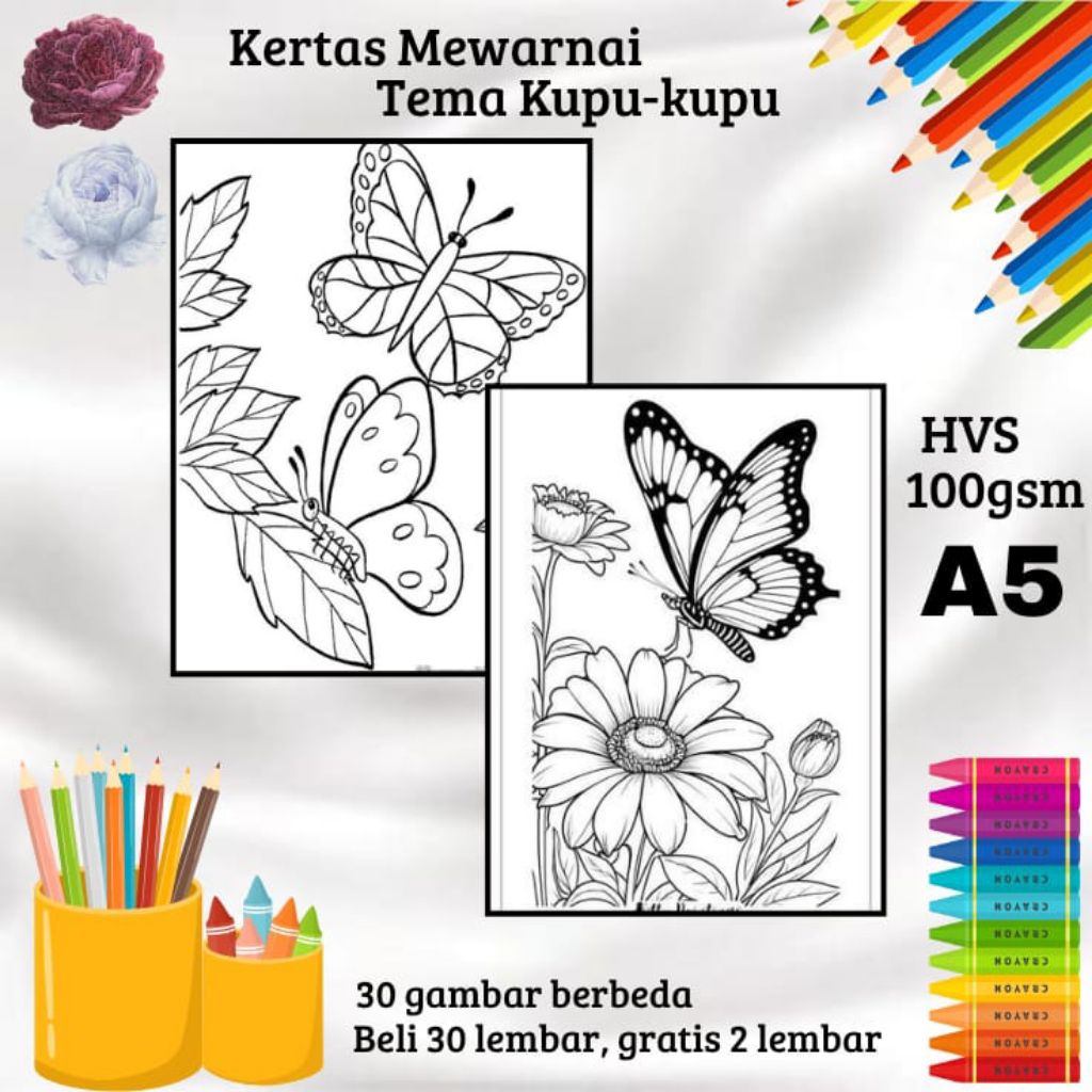 

30 LEMBAR KERTAS GAMBAR MEWARNAI TEMA KUPU-KUPU (READY LANGSUNG KIRIM)
