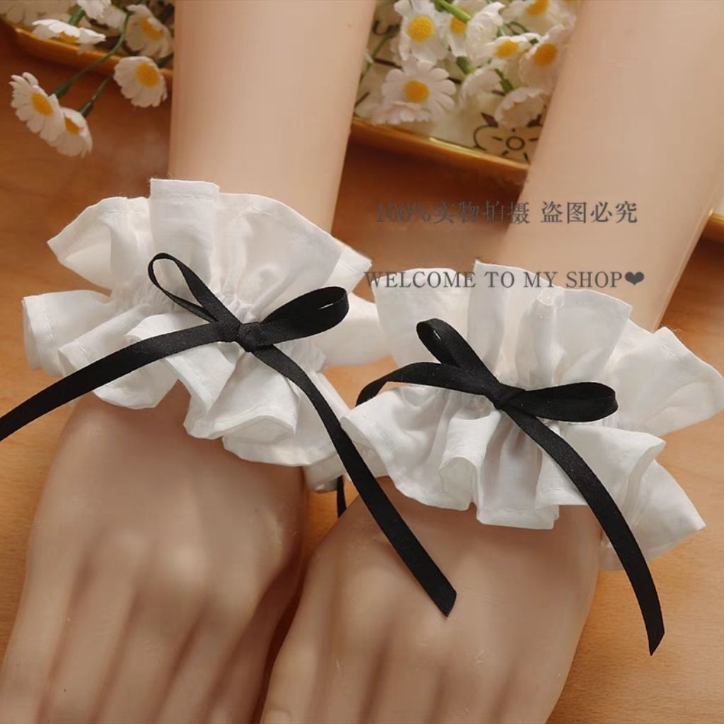 Yaong - Aksesoris Maid Lebar 7CM Pergelangan Tangan Renda Ruffle Putih dan Hitam Kerah Choker Cincin
