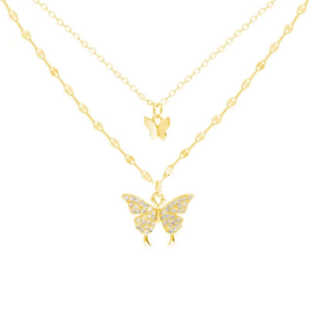 Kalung Rantai Titanium Wanita 2 Layer Liontin Kupu Kupu gold / Kalung Aloy Terlaris
