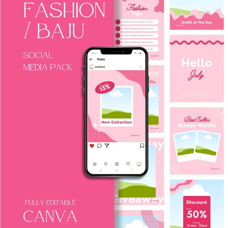 Desain 30 Template Canva Instagram Feed/Post Pink Fashion | Ukuran 4:5 dan 1:1 | Premium Design for 