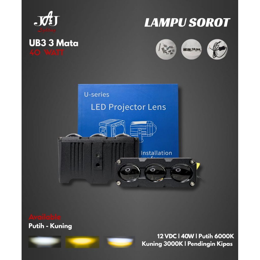 Lampu Sorot UB3 | 40W | 3 Mata | Putih Kuning | Lampu Sorot Motor | Lampu Sorot Mobil | JAJ Light