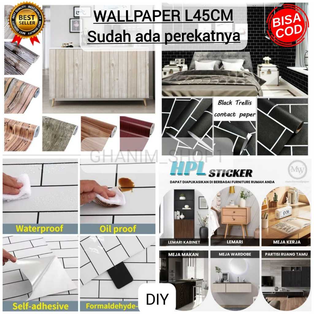 Wallpaper Stiker HPL L45cm Motif Kayu & Bata Anti Air, Sudah Ada Lem pelapis Meja Lemari Dinding DIY