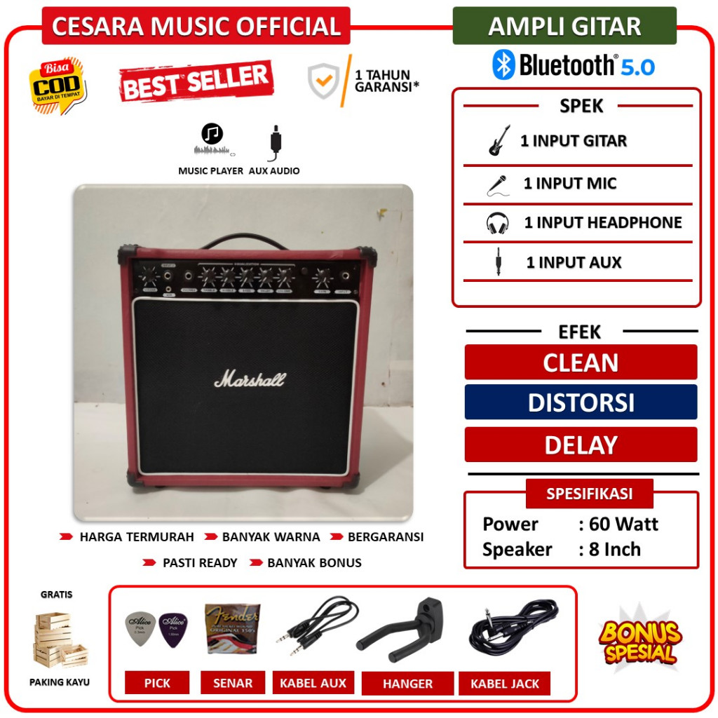 Ampli gitar & bass 8 Inch 3 input ada bluetooth bisa untuk karaoke efek distorsi delay termurah