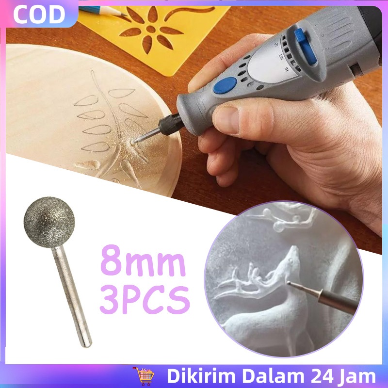 3pcs Mata Bor Grafir Diamond Mounted Point 8mm Rotary Diamond Bur Mini Grinder Tool Tajam Bulat Oval