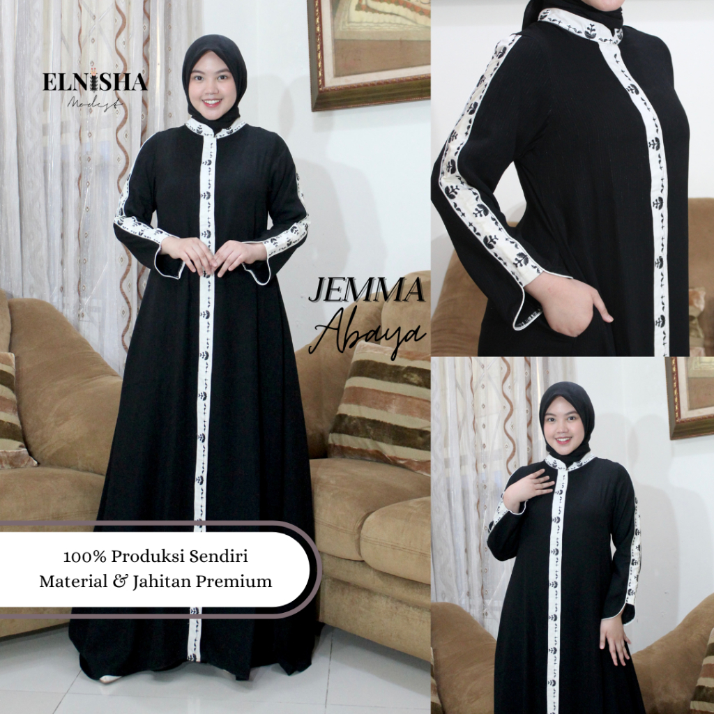Elnisha Modest - Jemma Abaya Hitam Dress Gamis Wanita Motif Kekinian Dress Kondangan Gamis Set Hijab
