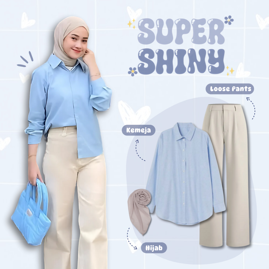 One Set Wanita 3in1 | Kemeja Katun Basic Sky Blue + Loose Pants Semiwoll Ivory + Bella Square Ivory 