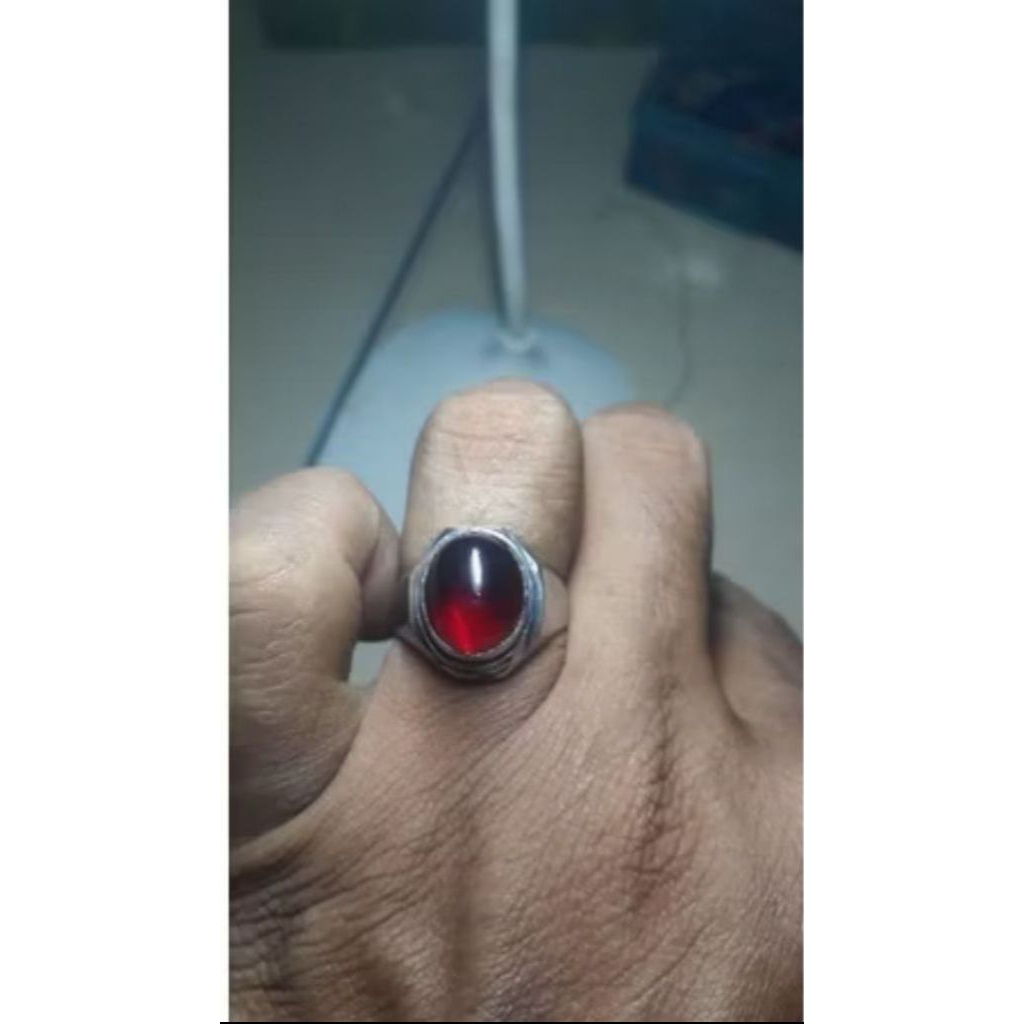 Cincin batu akik delima merah Siem 12x10 mm Ring Monel Tanam