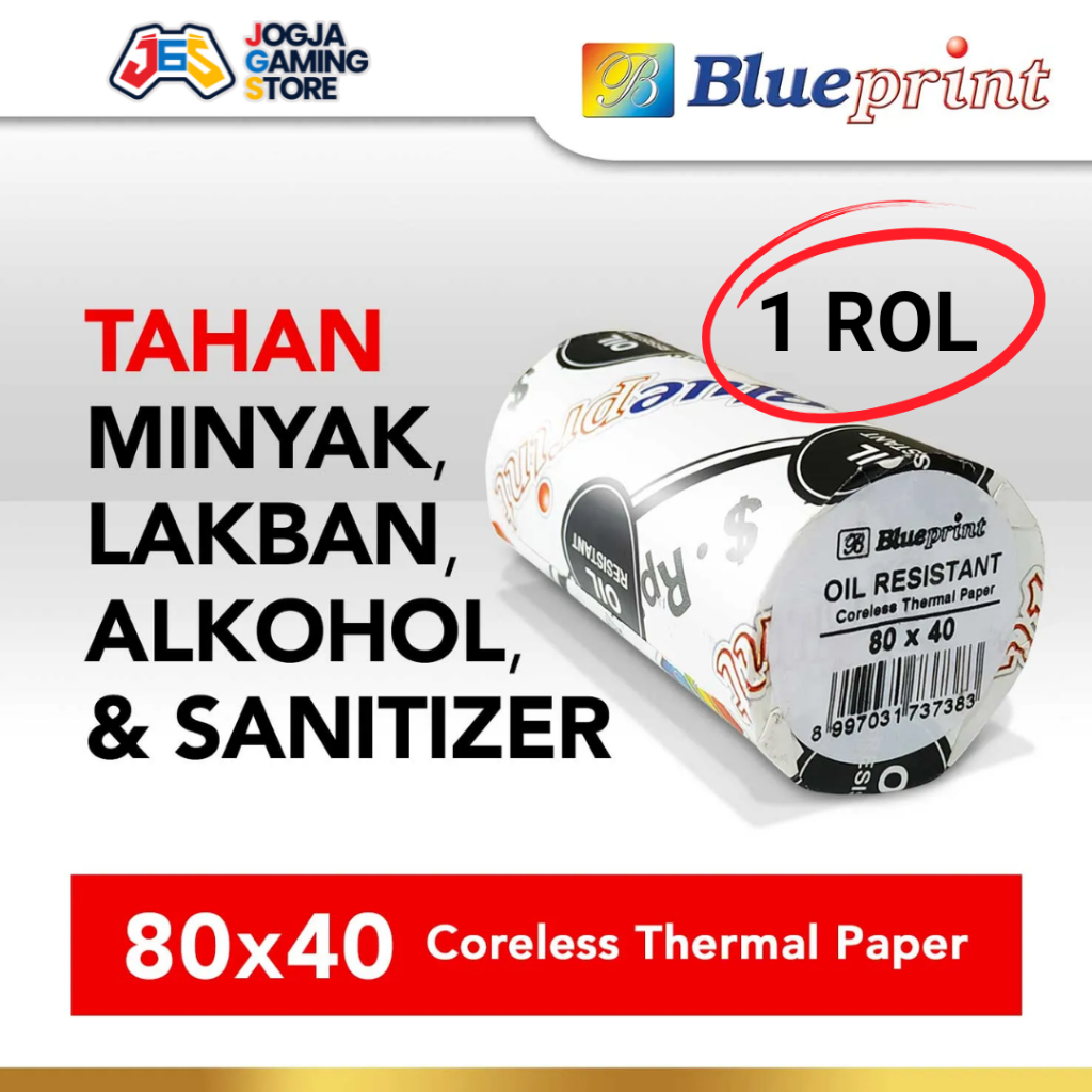 

Kertas Struk Kasir TAHAN MINYAK LAKBAN uk 80 x 40 BLUEPRINT Thermal Oil Resistent 80x40 mm - 1 Roll