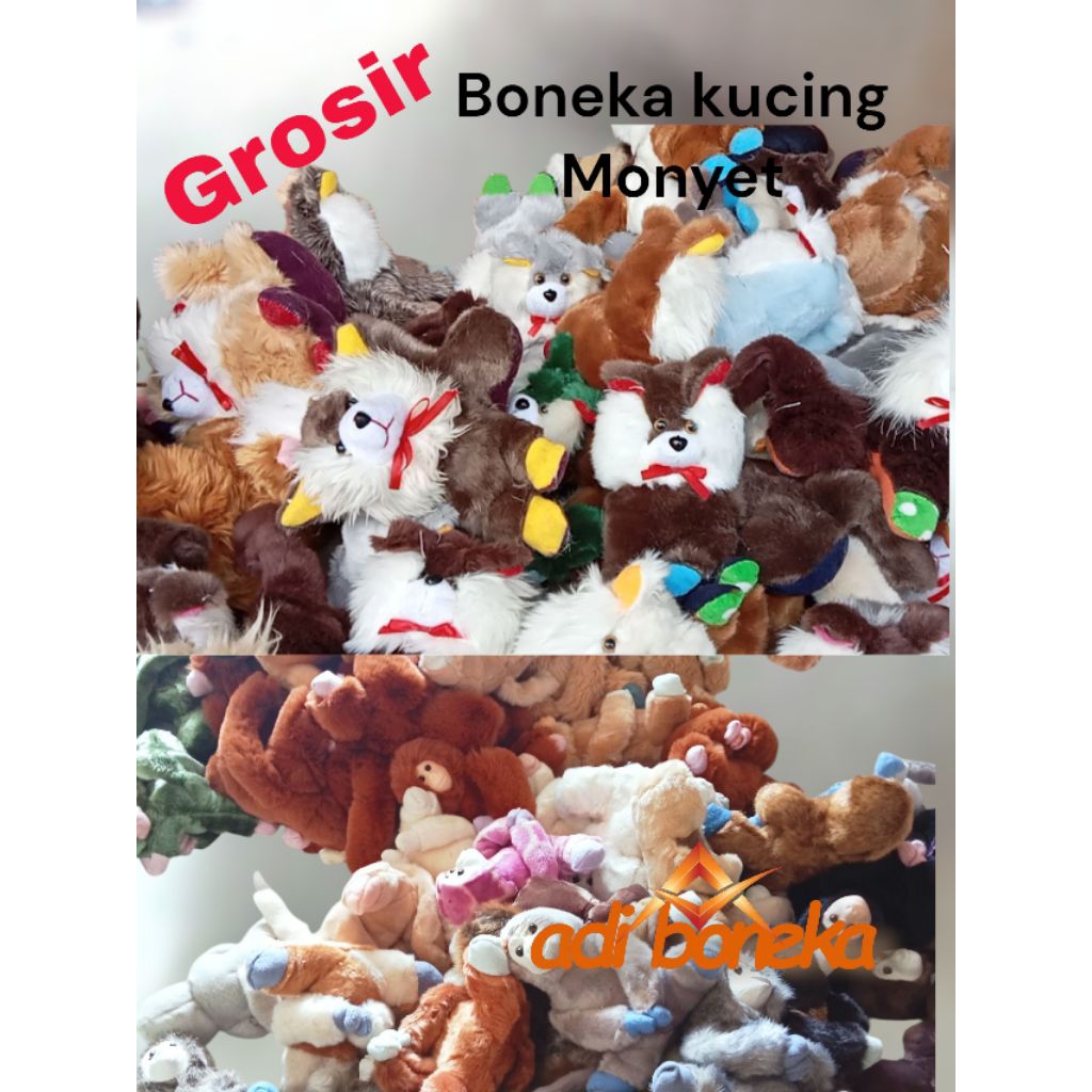 Grosir boneka monyet min 4pcs, kucing anggora , boneka kera besar size s t25cm, kucing dll