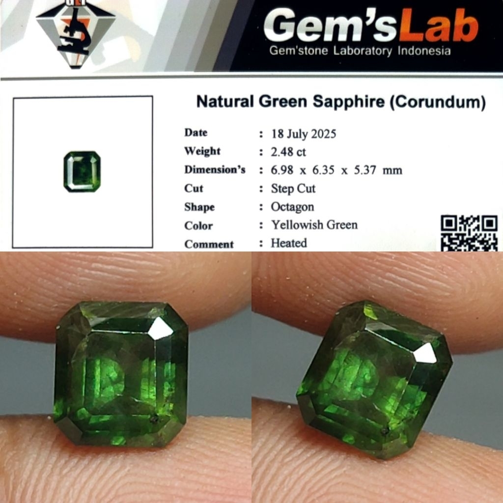 Natural Green Sapphire 2.4ct GLI Crystall Good Luster Gemericik Nice Fancy Color Body Kaca Metalik