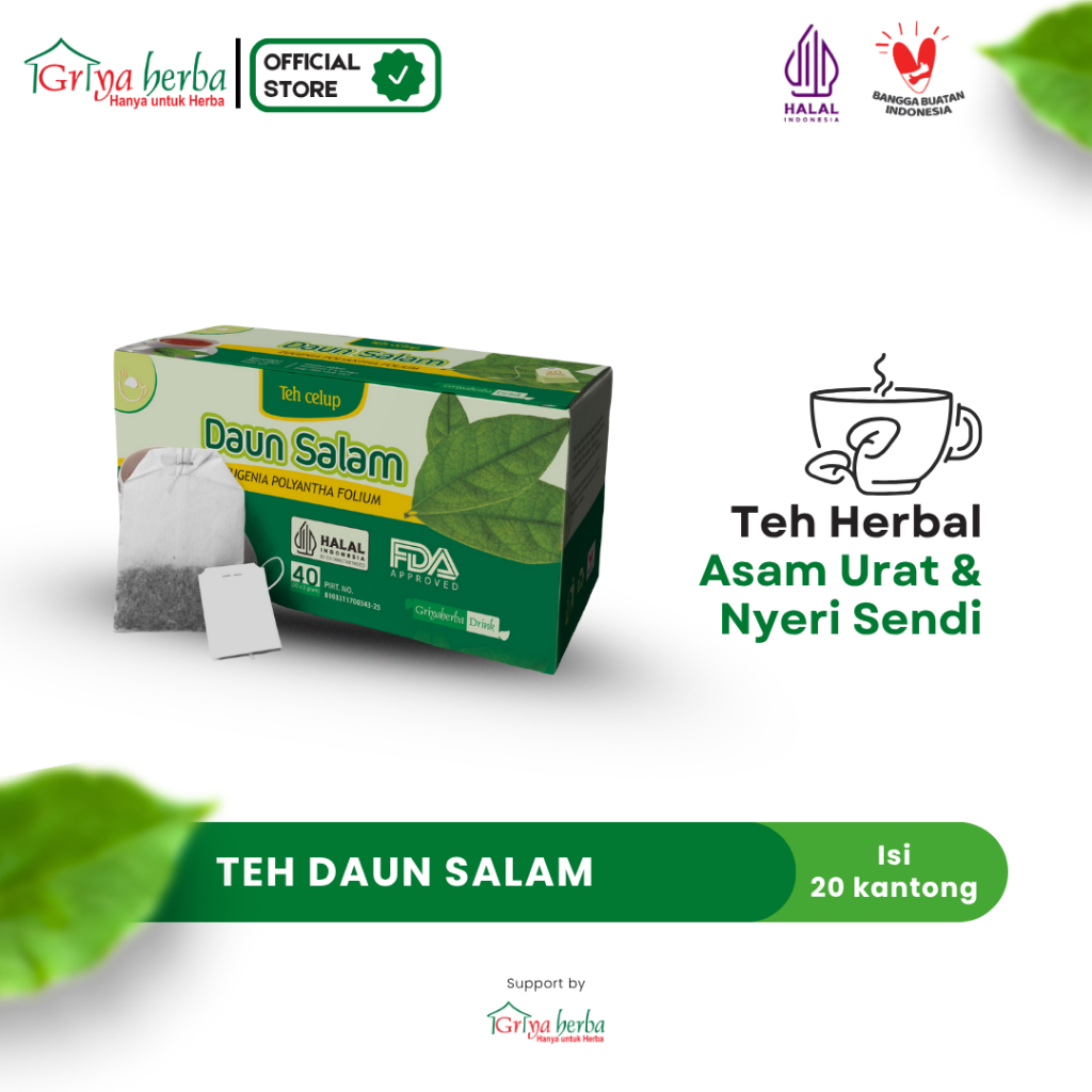 

Teh herbal daun salam griya herba untuk menurunkan kadar asam urat berlebih Isi 20 kantong halal