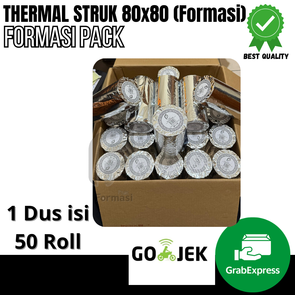 

KERTAS STRUK THERMAL 80mmX80mm ( 1 Dus isi 50Roll ) Struk Mesin EDC (Merek FORMASI PACK ) / KERTAS STRUK KASIR, Core 20-25 mm