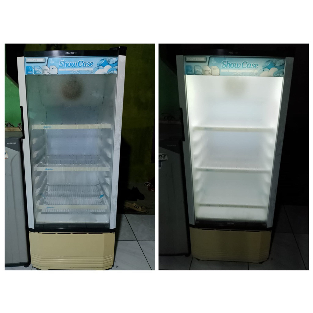 dua showcase merk polytron 3 rak second, bisa di jual satuan. harga yang terpasang harga 1 an