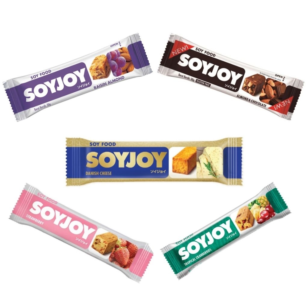 

Soyjoy bar strawberry, raisin almond, tropical canberry, cheese danish, almond coklat