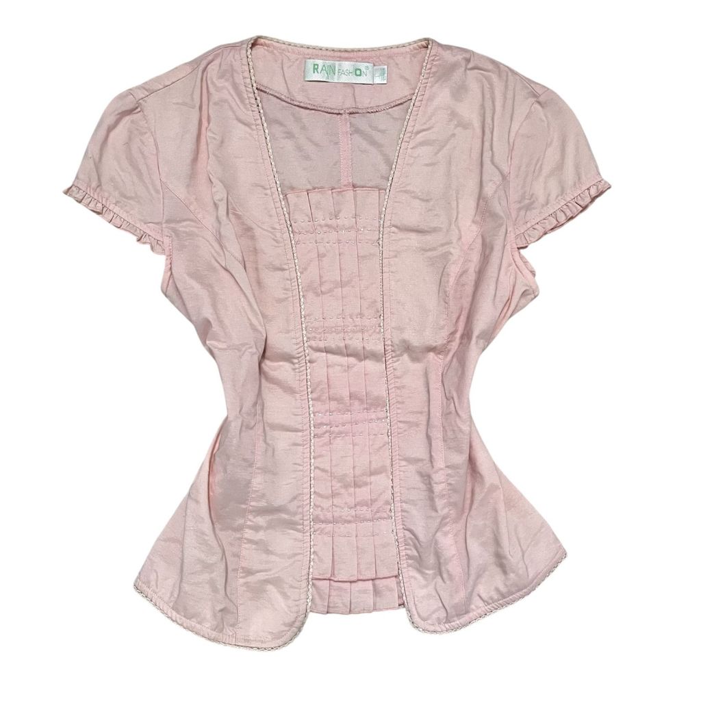 Pink Milkmaid Beads Puffy Squareneck Coquette Top | cottagecore kawaii cute imut babydoll dollette p