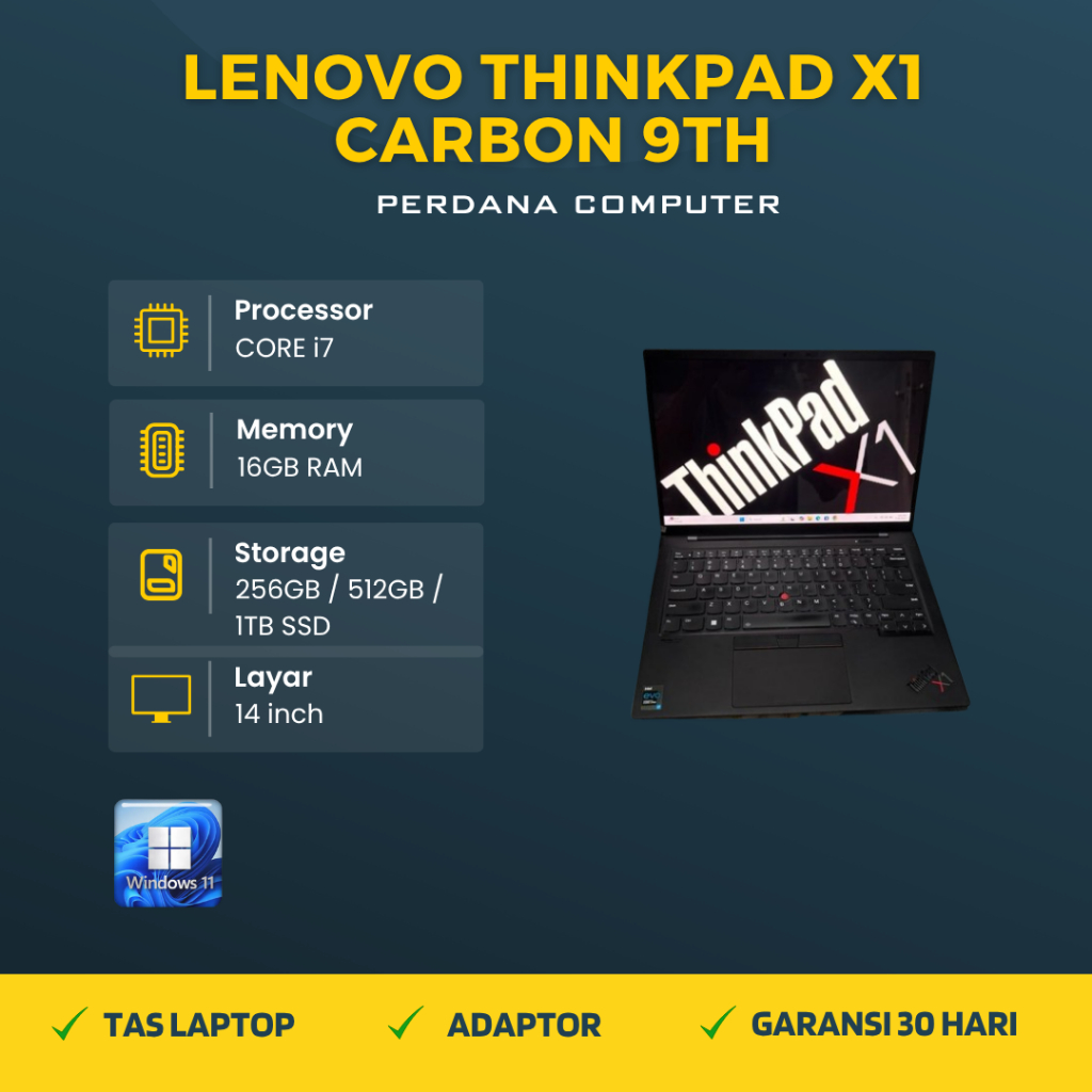 Laptop Thinkpad X1 Carbon 9th Core i7 Gen 11 Ram 16GB SSD NVME FHD IPS Win 11