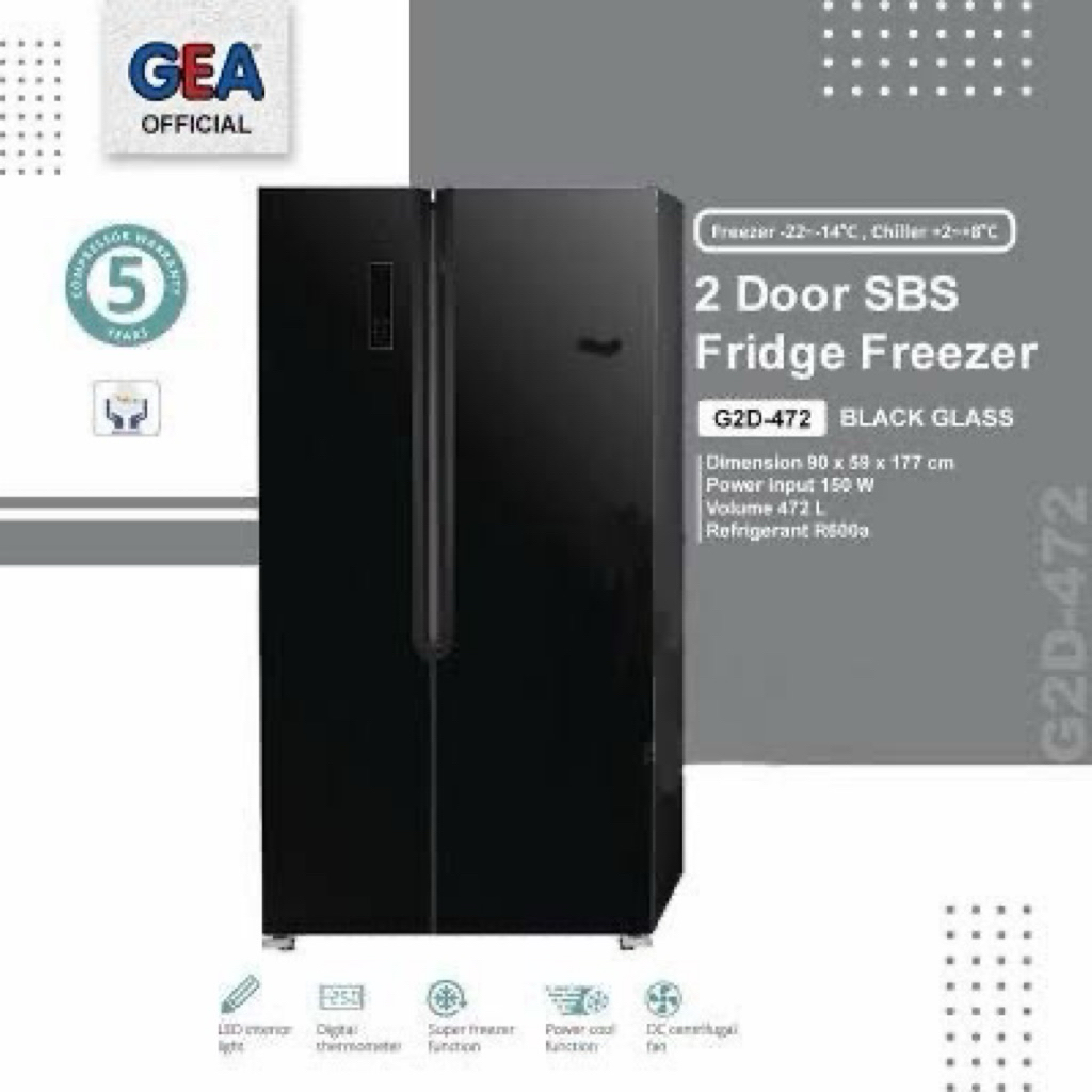 Kulkas gea G2D 472 Black glass Side by side gea side by side inverter murah gea