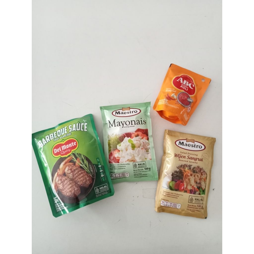 

Maestro Mayonais/Wijen Sangrai/ Delmonte Barbeque Saus/Sambal Asli ABC