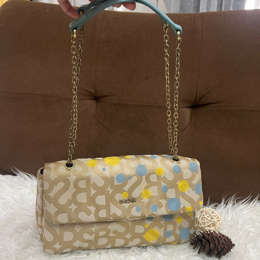 preloved sembonia nylon chain bag|tas shoulder kain signature|tas rantai kulit asli