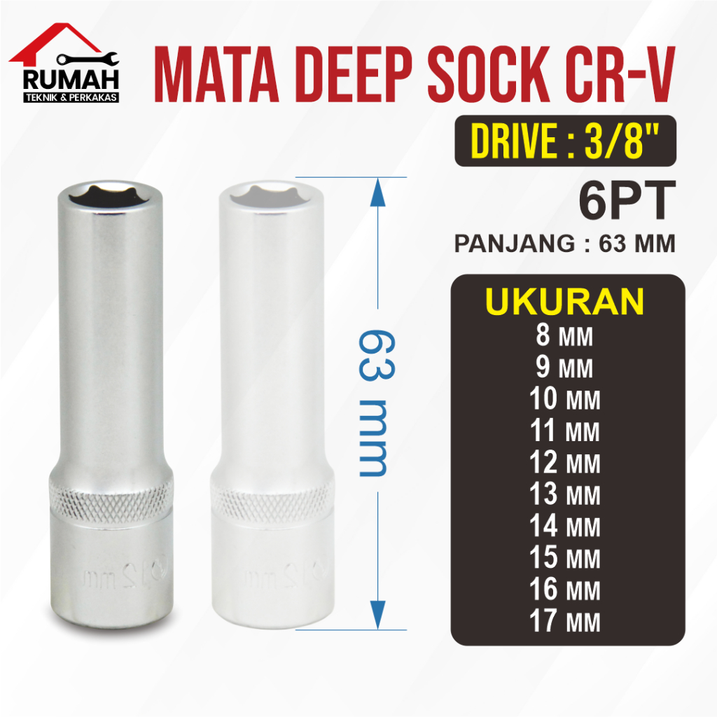 MATA DEEP SOCK CR-V 3/8" 6 PT (8 9 10 11 12 13 14 15 16 17 MM) / Mata Kunci Panjang DEEP Sok Shock S