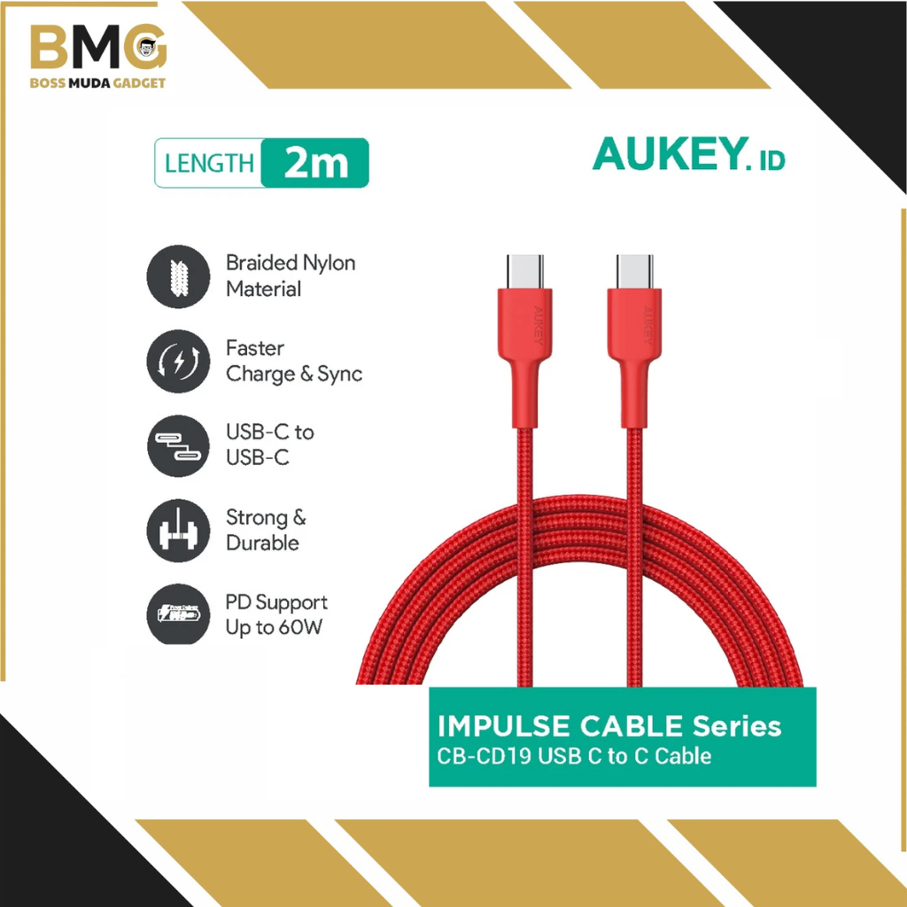 Aukey Kabel Charger Type C CB-CD19 Braided 2M RED