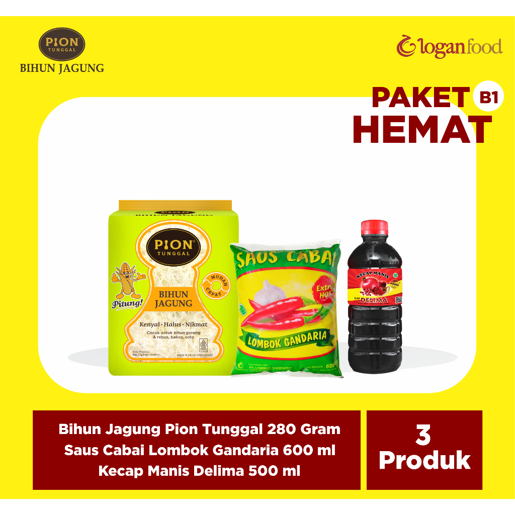 

PAKET HEMAT (B1) - BIHUN JAGUNG PION 280G -SAUS CABAI LOMBOK GANDARIA 600R - KECAP MANIS DELIMA 500ML