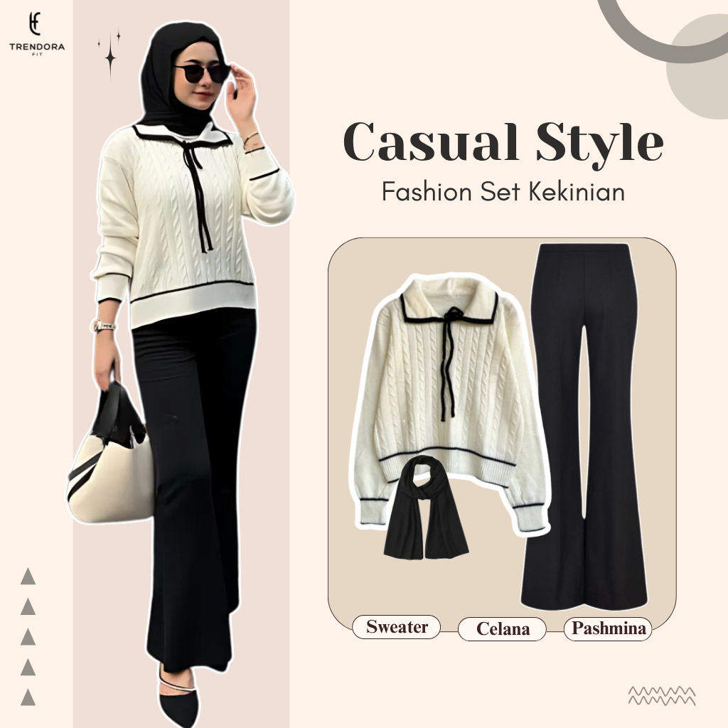 One Set OOTD Wanita Kekinian (Sweater Rajut - Celana Cutbray - Pashmina) Outfit Hijab Style TF24