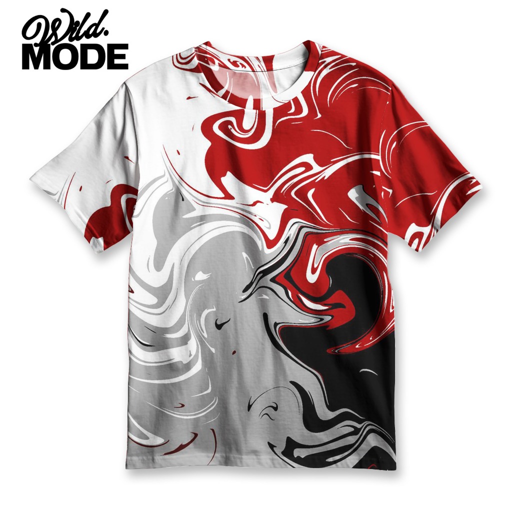 WILD Kaos Full Print Abstrak Swirl Merah Abu Hitam Putih – Desain Psychedelic Liquid Modern | WD-496