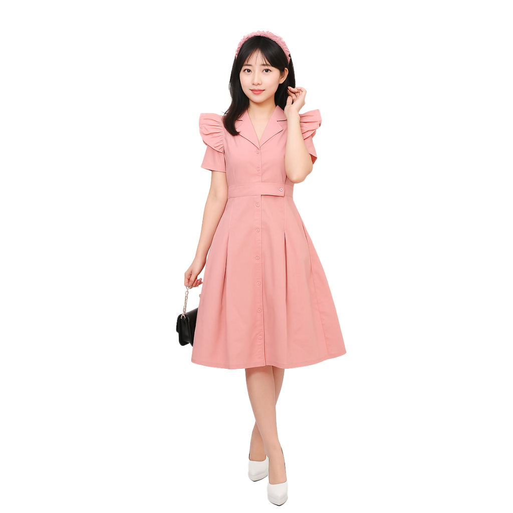 Dress Midi Wanita Vneck Lengan Pendek Sona Korean Style Bahan Katun - Valerie X MyOutfit