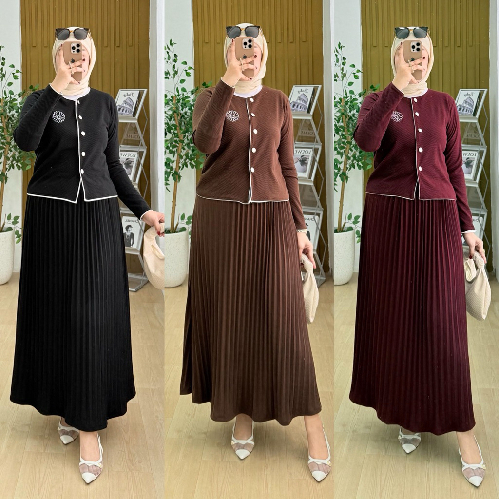 Set Rok Plisket Knit Wanita - Setelan Rok Plisket Polos - OOTD Setelan Muslimah - Bahan Knit Premium