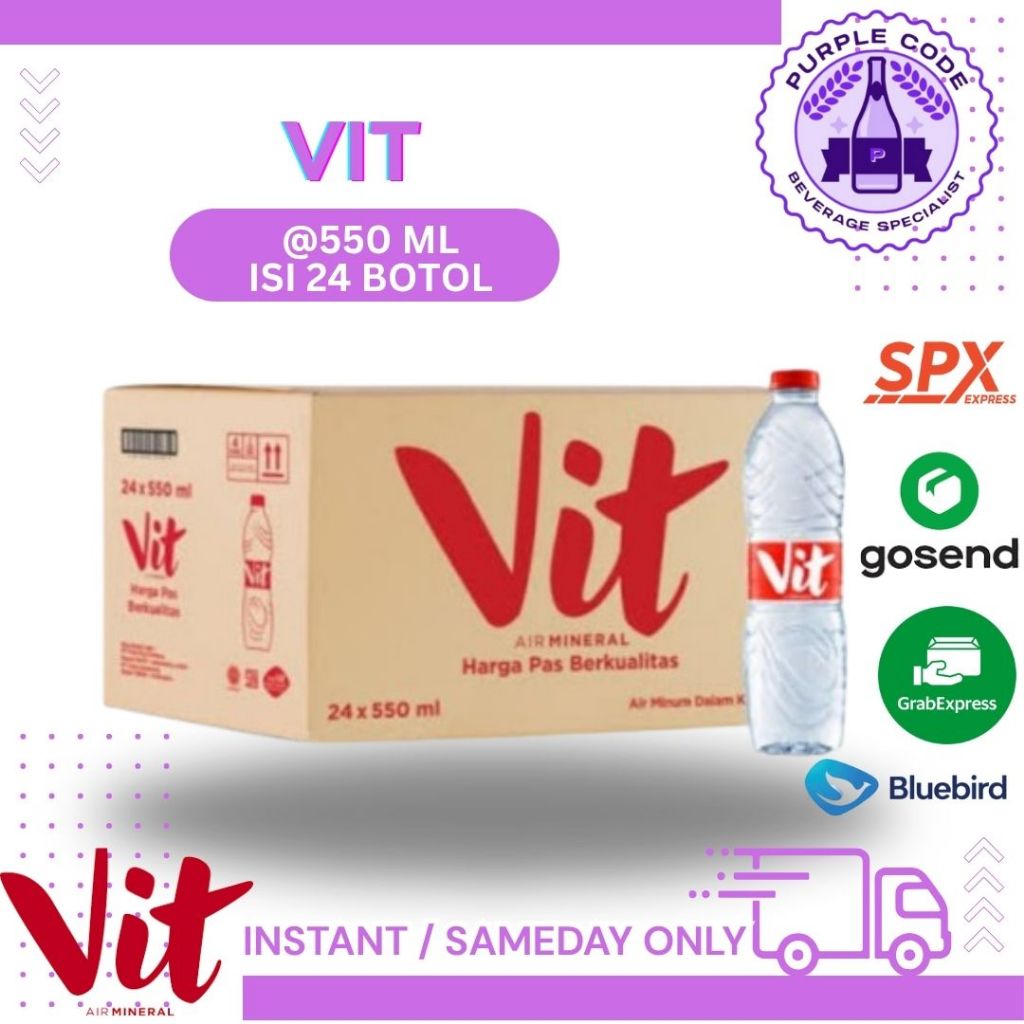

(INSTANT READY) VIT 550 ML Dus Isi 24 BOTOL Per Karton - READY VIT , AQUA , LEMINERALE, PRISTINE, CLEO, CRYSTALIN Air Minum Kemasan Botol Minuman Kardus