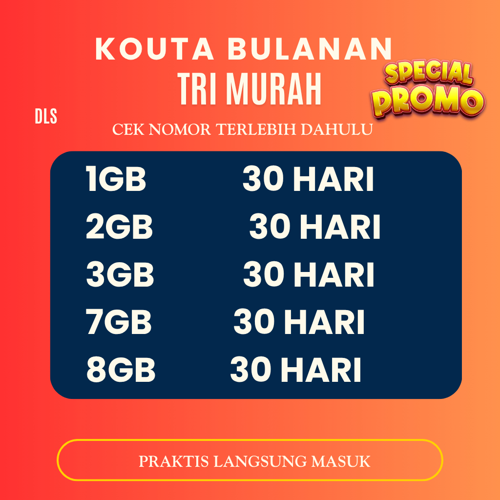 [BARU] Paket Data atau Kuota Tri Murah 1GB 2GB 3GB 7GB 30 Hari