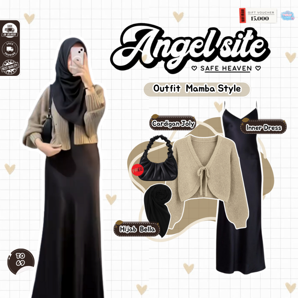 TWILLY - One Set Murah Wanita Korean Style | Hijab Bella Hitam, Cardigan Joly Cream, Inner Dress Hit