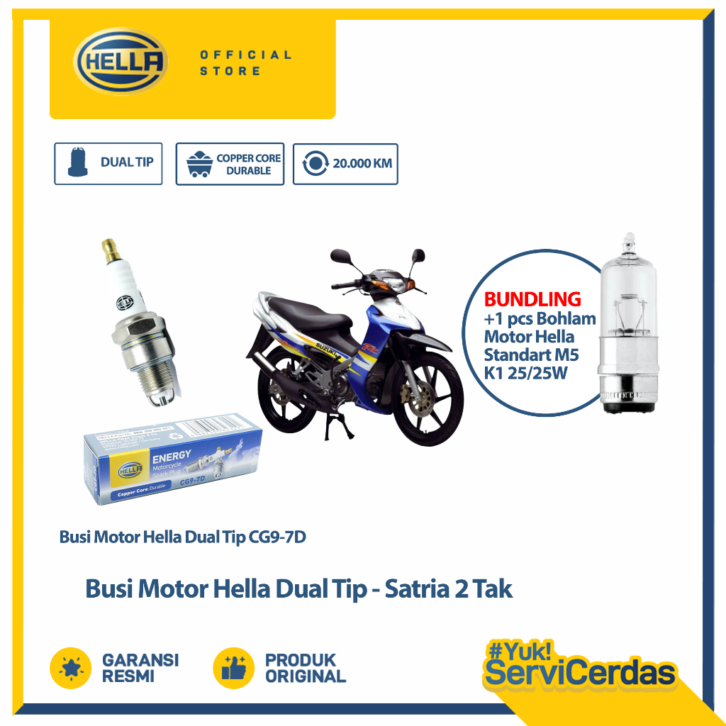 Busi Motor Suzuki Satria 2 Tak Hella Dual Tip CG9-7D Bundling Bohlam Motor M5 12V 25/25W Standar - L