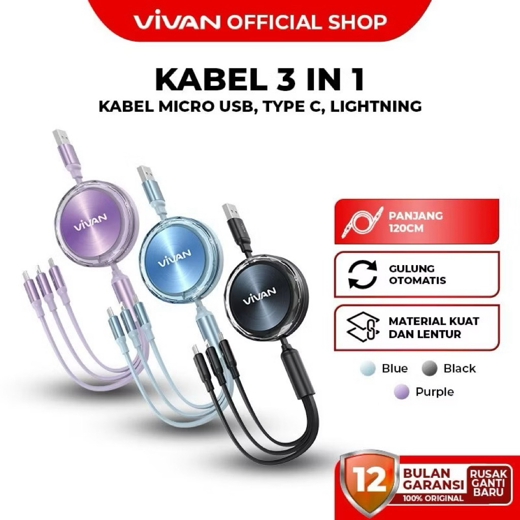 VIVAN Kabel Data 3 in 1 VRS03 Fast Charging 3.5A Micro USB Lightning Type C 120CM Garansi 1 Tahun