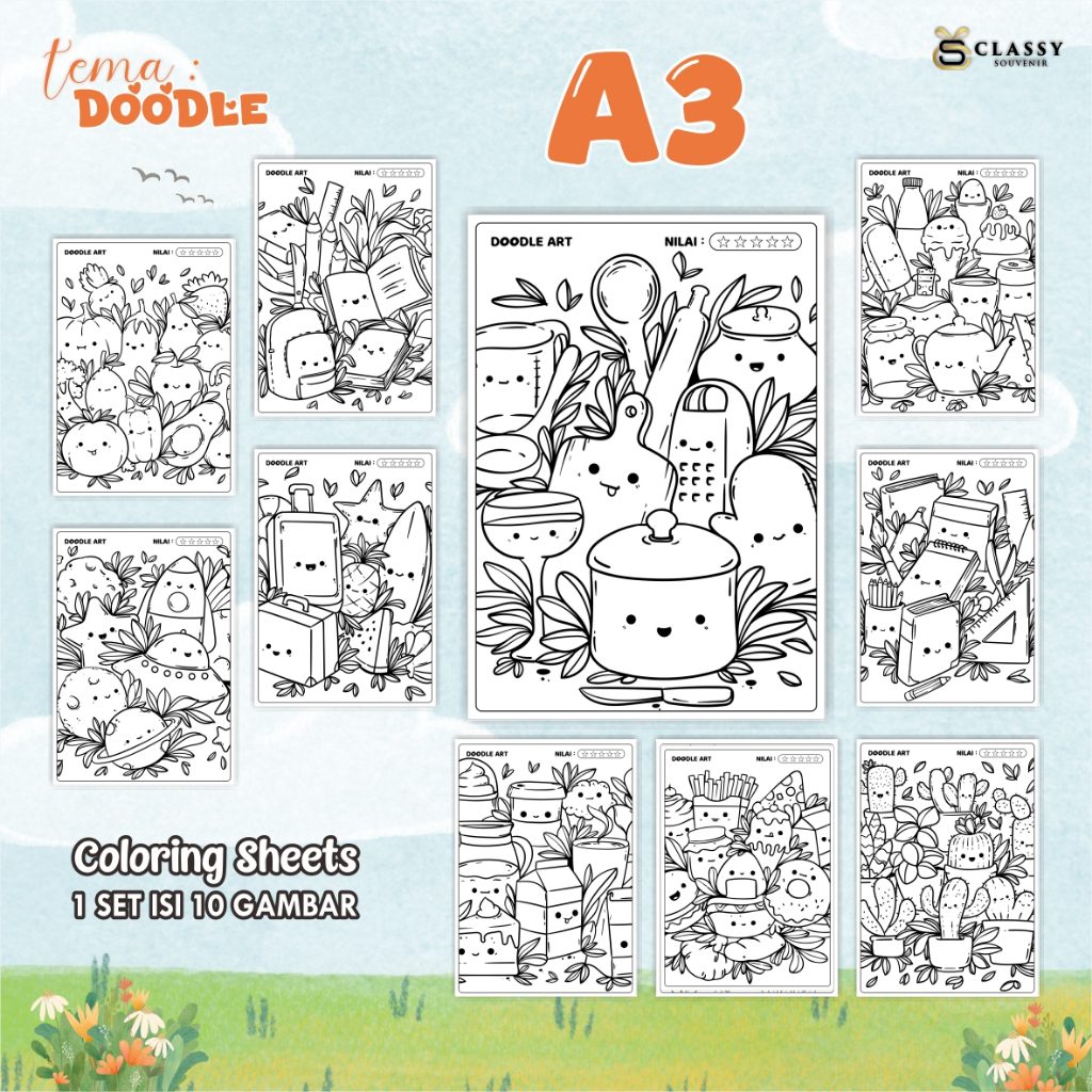 

LEMBAR GAMBAR MEWARNAI ANIMASI ANAK 1 SET ISI 10 GAMBAR - [TEMA DOODLE] - COLORING SHEETS FOR KIDS A3
