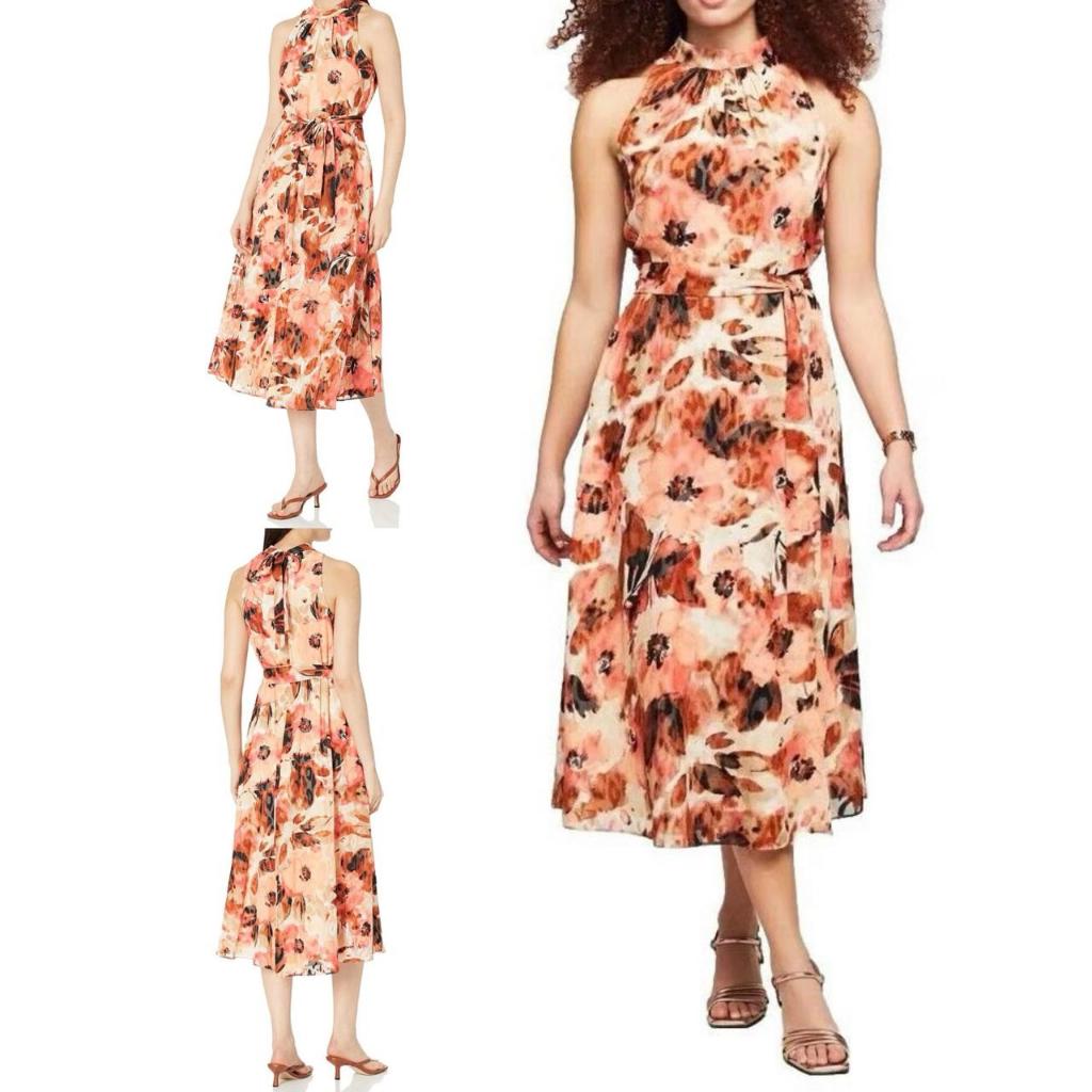 Dress Panjang Wanita Motif Bunga Anne Klein Sleeveless Textured Floral Tie Neck Halter Dress (No Bel