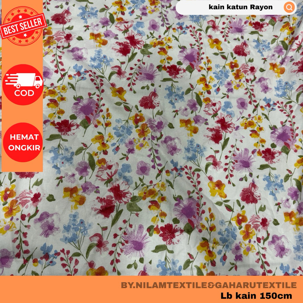 kain katun rayon/bahan rayon-rayon premium-rayon viscose-motif kembang terbaru-kain/bahan meteran ni