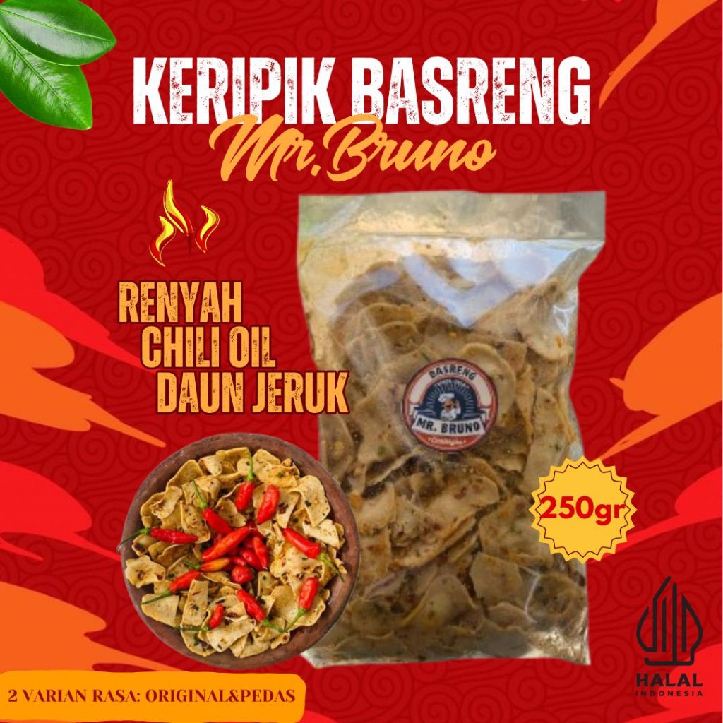 

Keripik Basreng Mr.Bruno Pedas Chili Oil Daun Jeruk Taburan Kacang 250gram