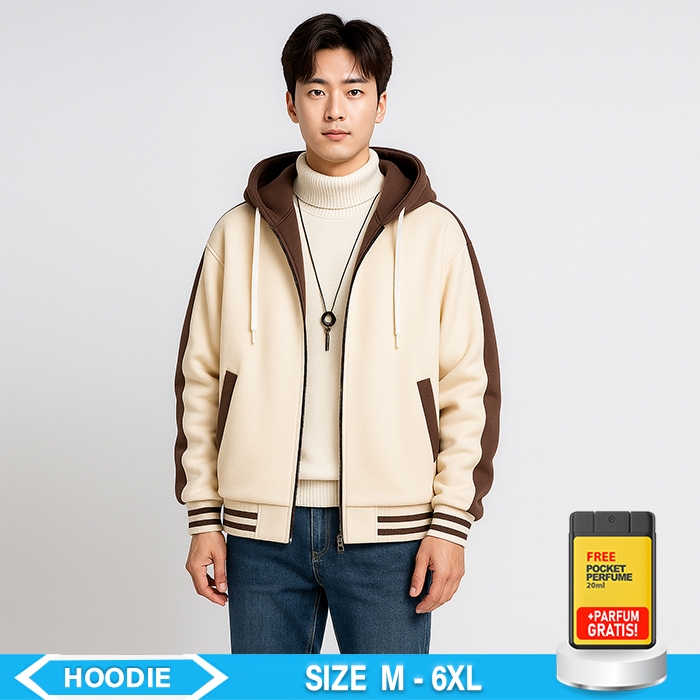 Hoodie Oversize Jaket Pria Jumbo Size M - 6XL Hodie Pria Cream Coklat Custom
