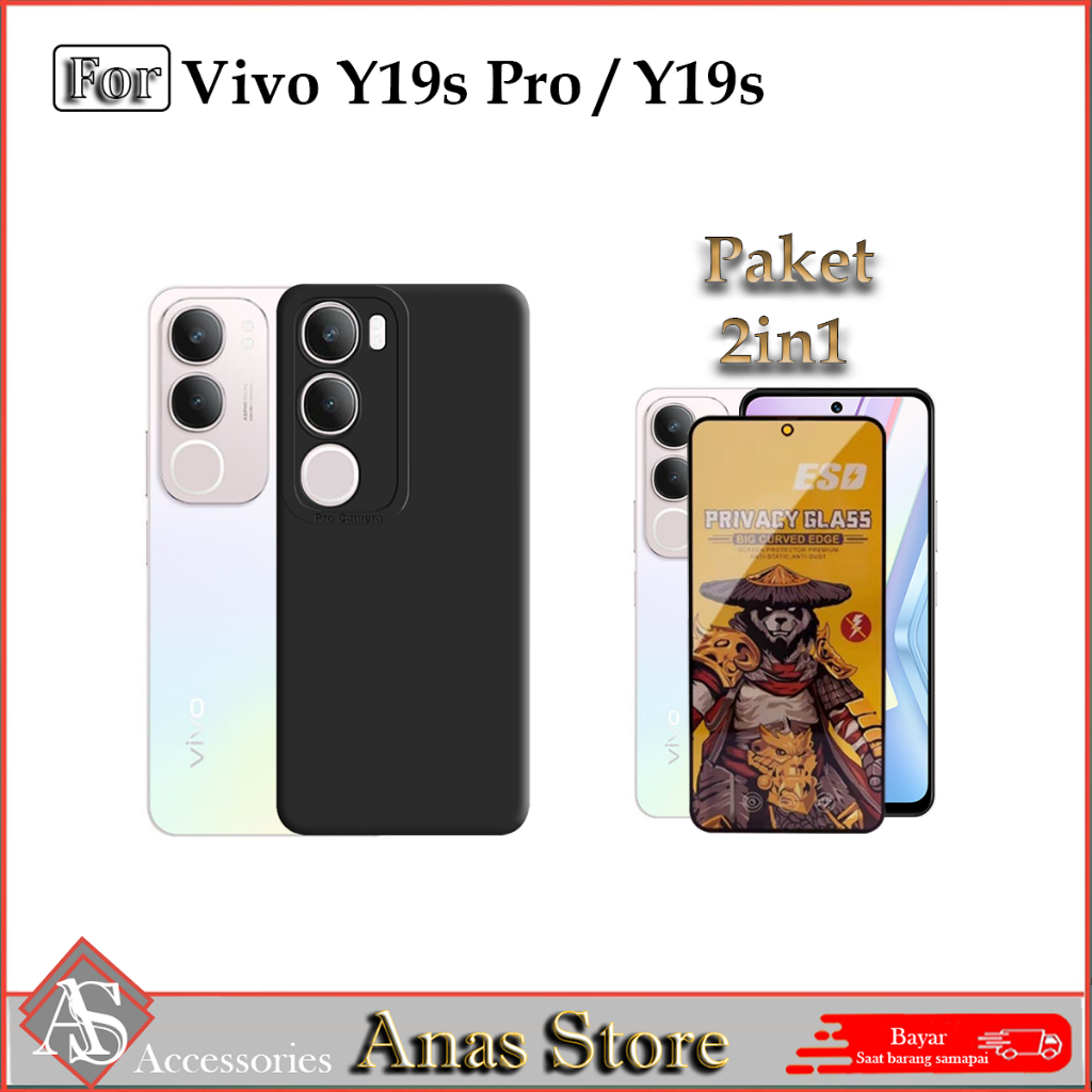 Paket 2IN1 Softcase Vivo Y19s Pro / Vivo Y19s case casing black tempered glass anti spy ESD