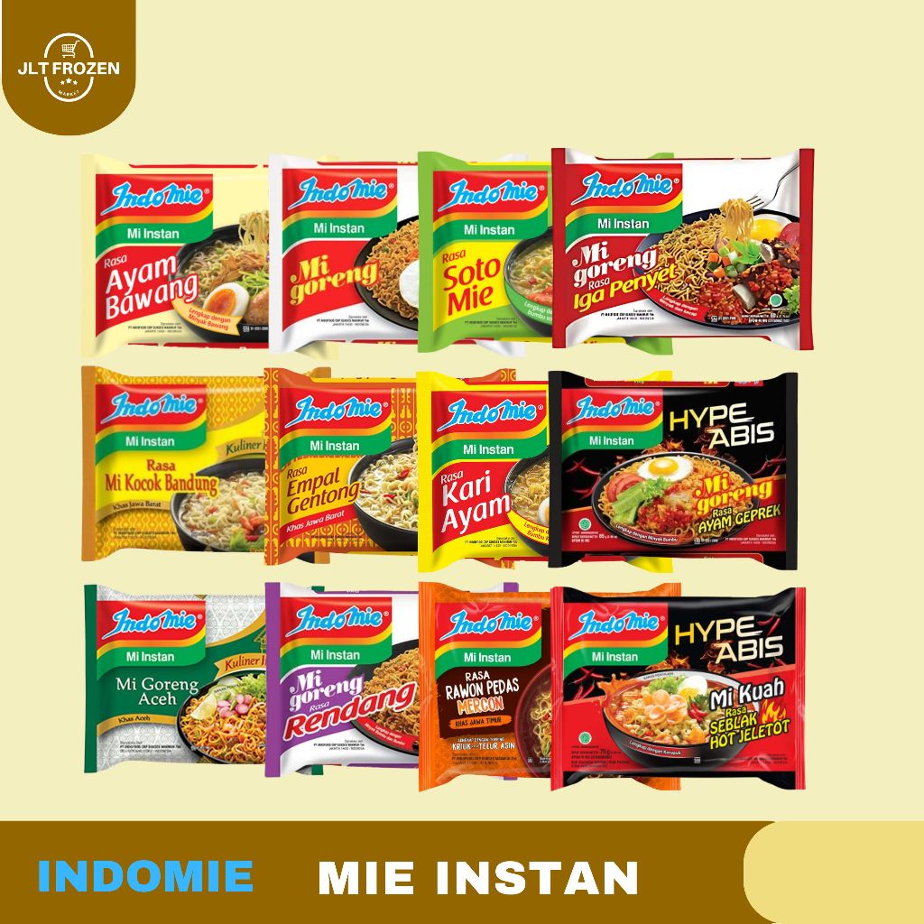 

Indomie Mie Instan Goreng / Kuah - Mi Instan Rasa Ayam Bawang / Soto Mie / Ayam Geprek / Mie Rendang / Mie Aceh / Mie Kocok Bandung / Mie Empal Gentong / Seblak Hot Jeletot / iga Penyet / Kari Ayam / Rawon Pedas Mercon