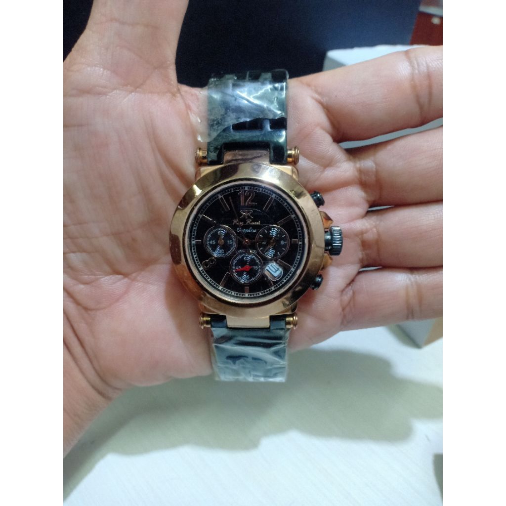 JAM TANGAN PRIA/WANITA RAY RUCCI 7180 SRM  KACA SAPPHIRE CRONO RANTAI HITAM STAINLESS STEEL WATER RE