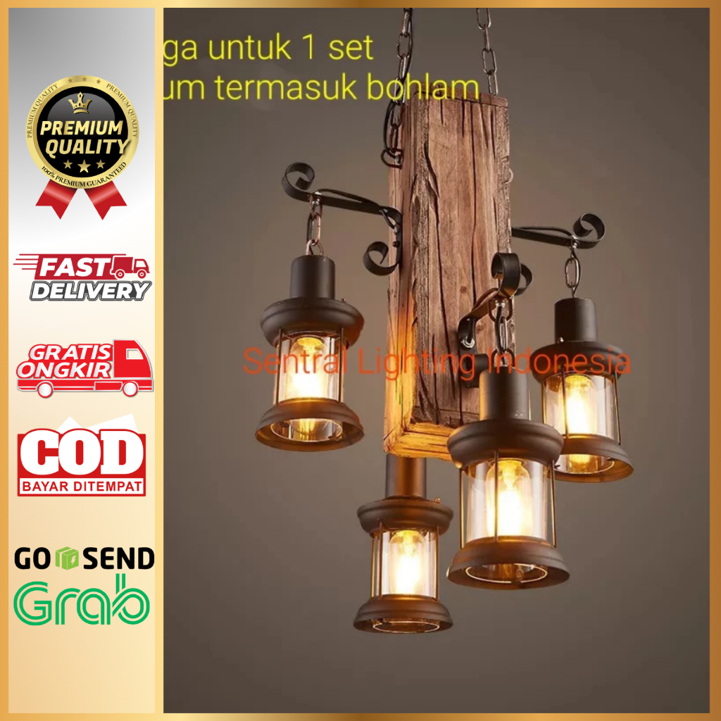 SL5017-4 LAMPU GANTUNG HIAS KAYU MINIMALIS KLASIK INDUSTRIAL RUANG TAMU RETRO KAFE CAFE PENDANT LAMP