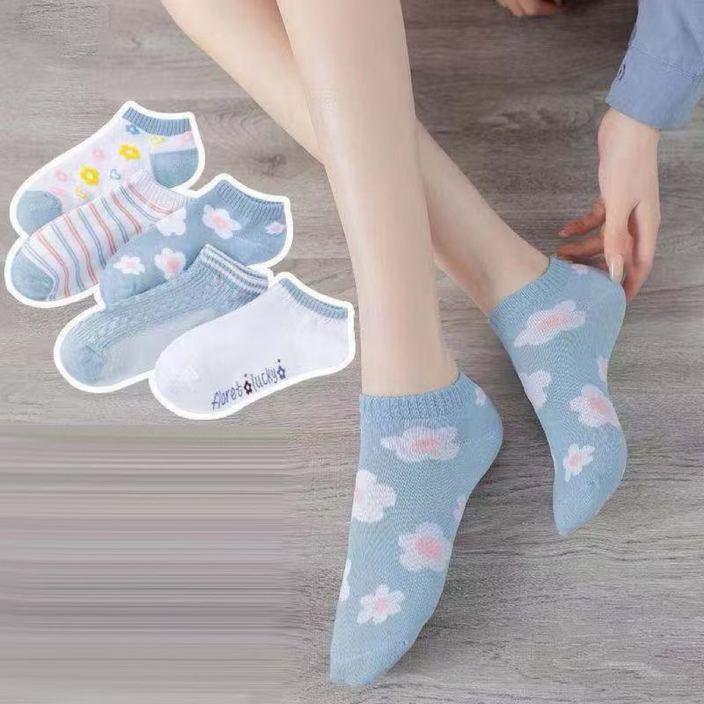 Kaos Kaki KS12 Kaos Kaki Wanita Motif Bunga Biru Fashion Korea